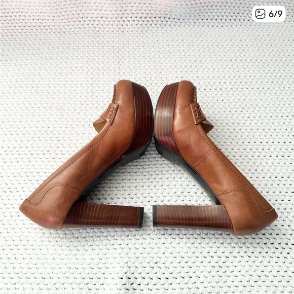 Marc Fisher Keeps Brown Tan Leather Platform Penny Loafer Stacked Heel Pump 6.5 - Picture 4 of 9